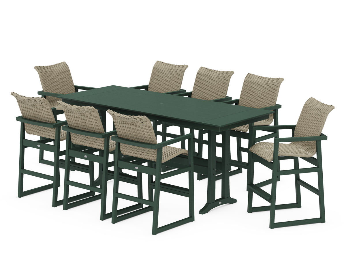 POLYWOOD EDGE Woven 9-Piece Farmhouse Bar Set with Trestle Legs in Green / Dune Grass
