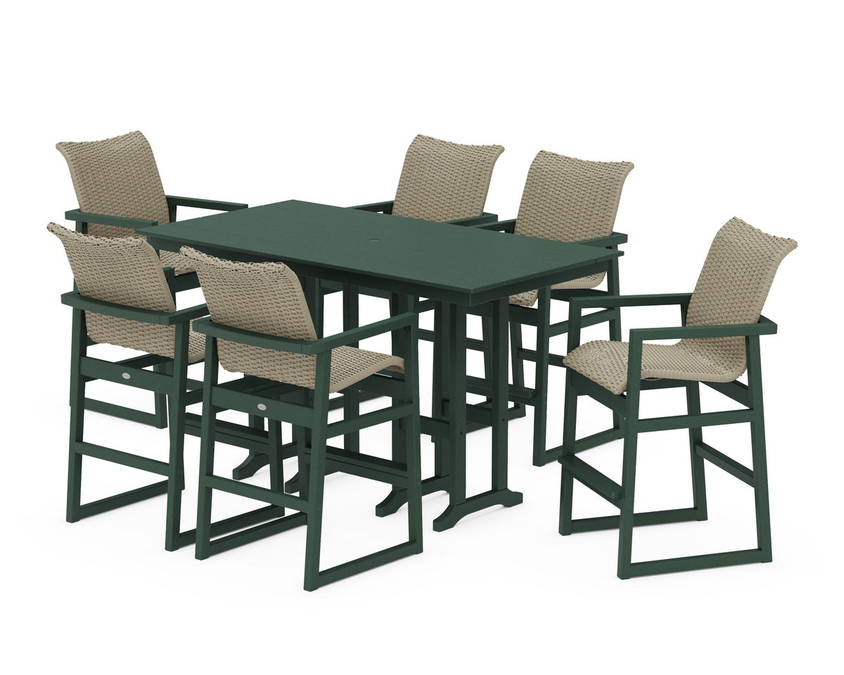 POLYWOOD EDGE Woven Arm Chair 7-Piece Farmhouse Bar Set in Green / Dune Grass