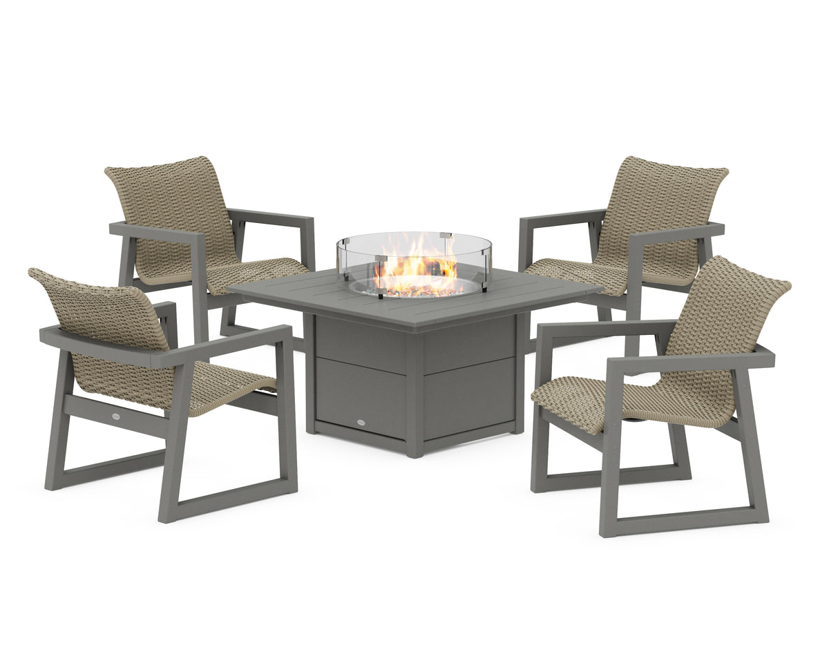 POLYWOOD EDGE Woven 5-Piece Lounge Chair Seating Set with Fire Pit Table in Slate Grey / Dune Grass