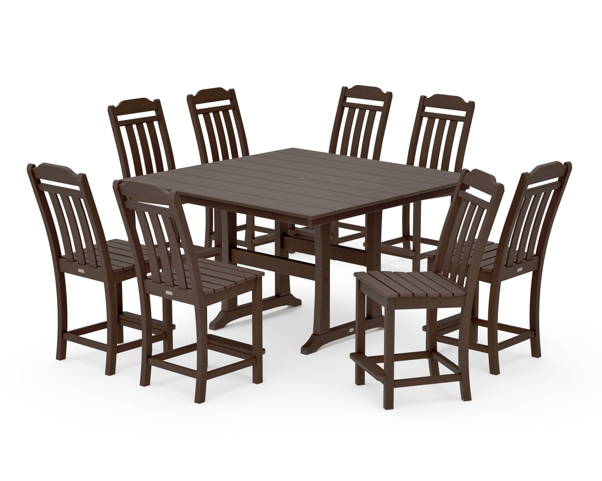POLYWOOD Country Living Cottage 9-Piece Square Farmhouse Side Chair Counter Set with Trestle Legs in Kona