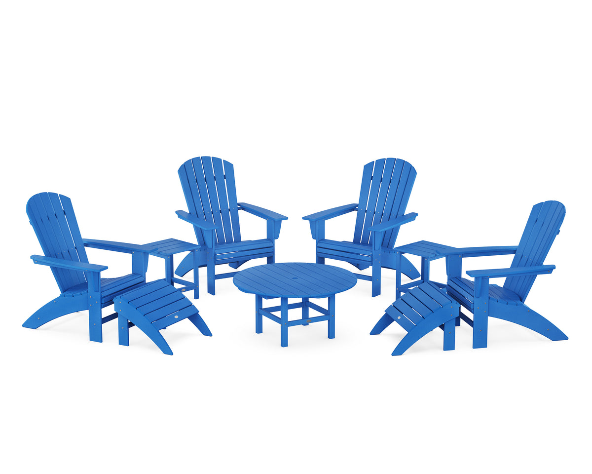POLYWOOD Nautical Curveback Adirondack Chair 9-Piece Conversation Set in Pacific Blue