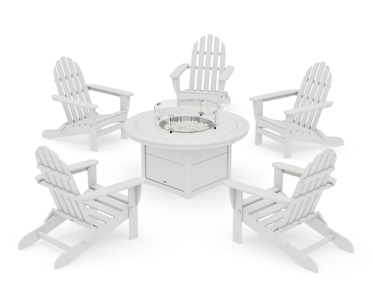 POLYWOOD Classic Folding Adirondack 6-Piece Conversation Set with Fire Pit Table in Vintage White