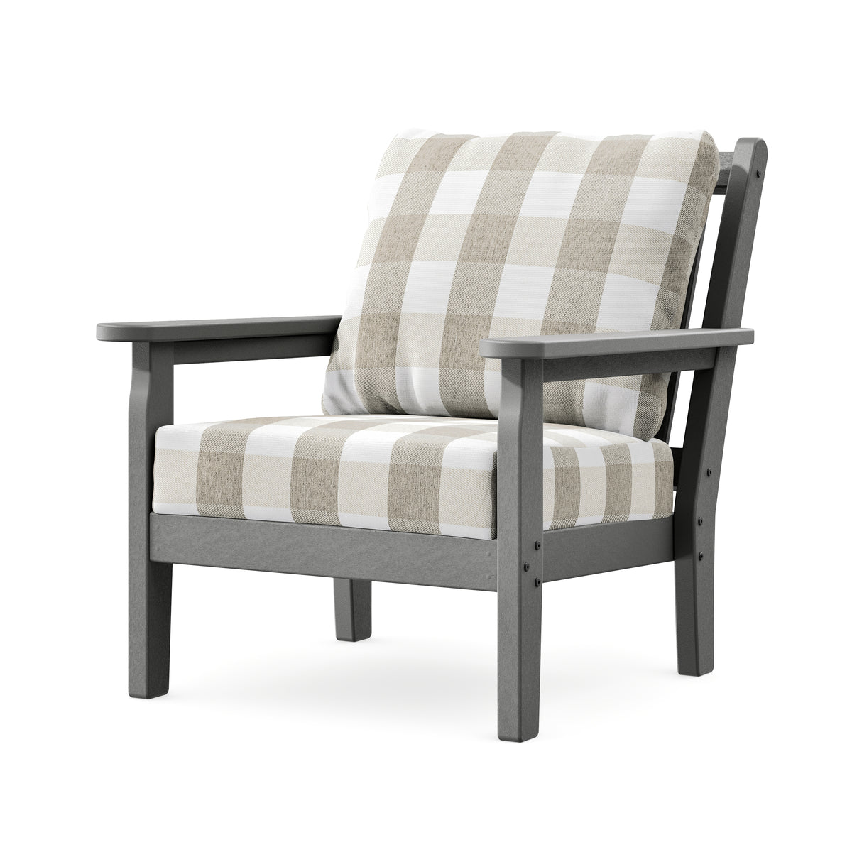 POLYWOOD Chippendale Deep Seating Chair in Slate Grey / Buffalo Plaid Dune Burlap