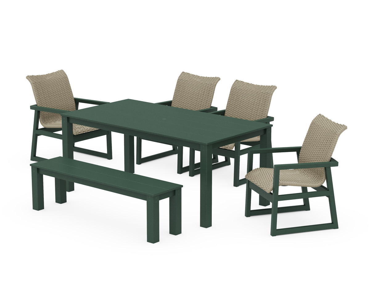 POLYWOOD EDGE Woven 6-Piece Parsons Dining Set with Bench in Green / Dune Grass