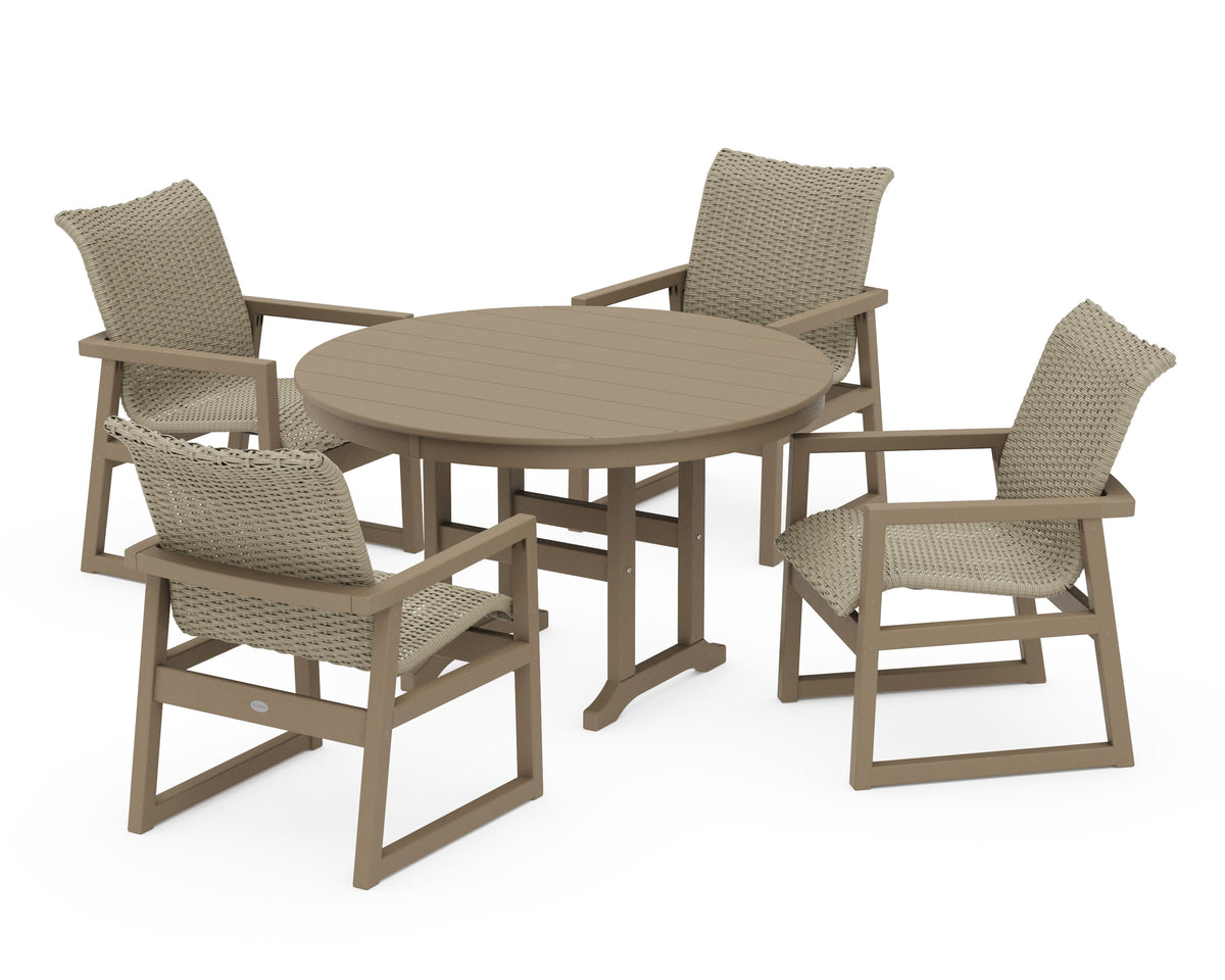 POLYWOOD EDGE Woven 5-Piece Round Farmhouse Dining Set in Vintage Sahara / Dune Grass