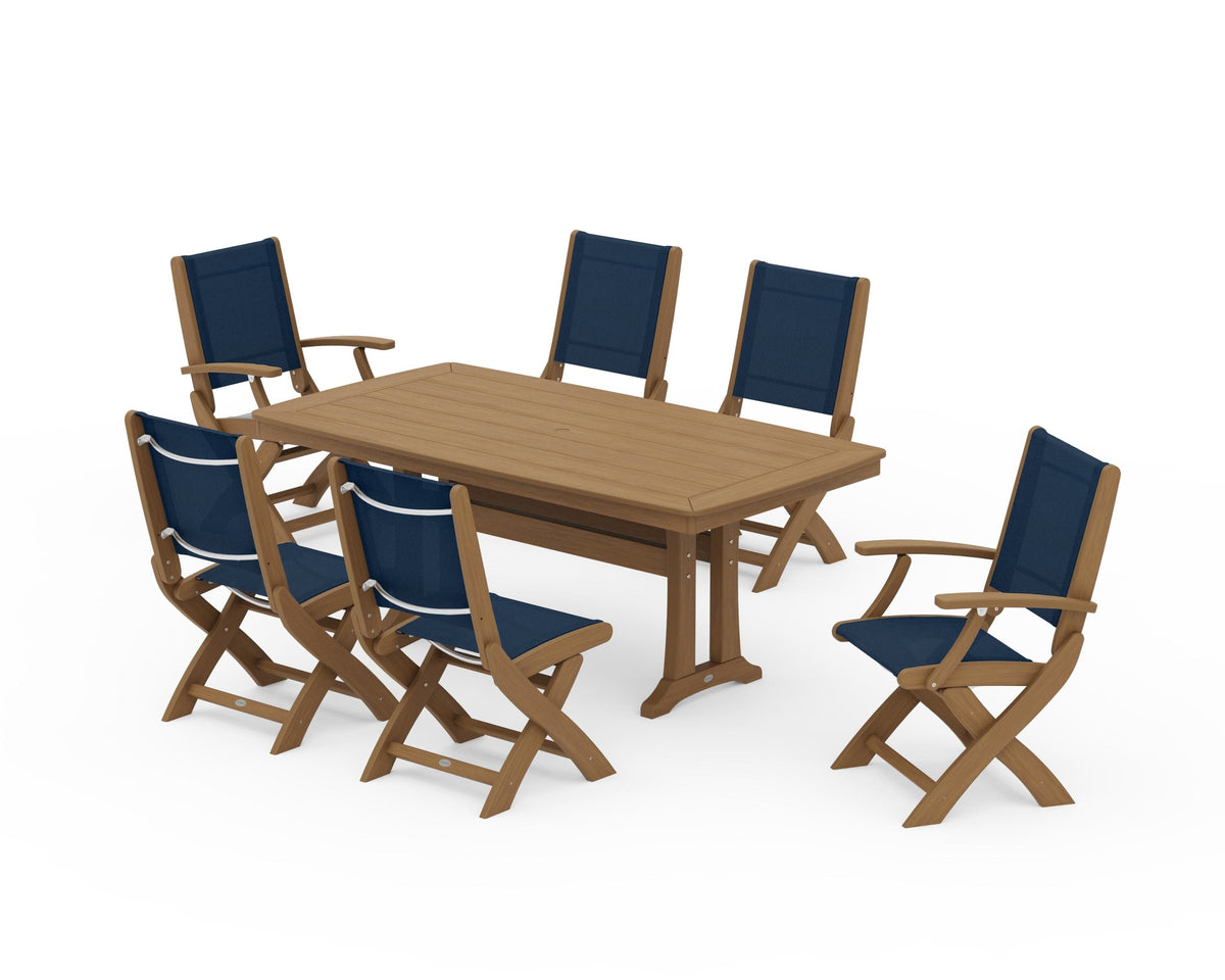 POLYWOOD Coastal Folding Chair 7-Piece Dining Set with Trestle Legs with Nautical Trestle 38" x 73" Dining Table in Natural / Navy Blue