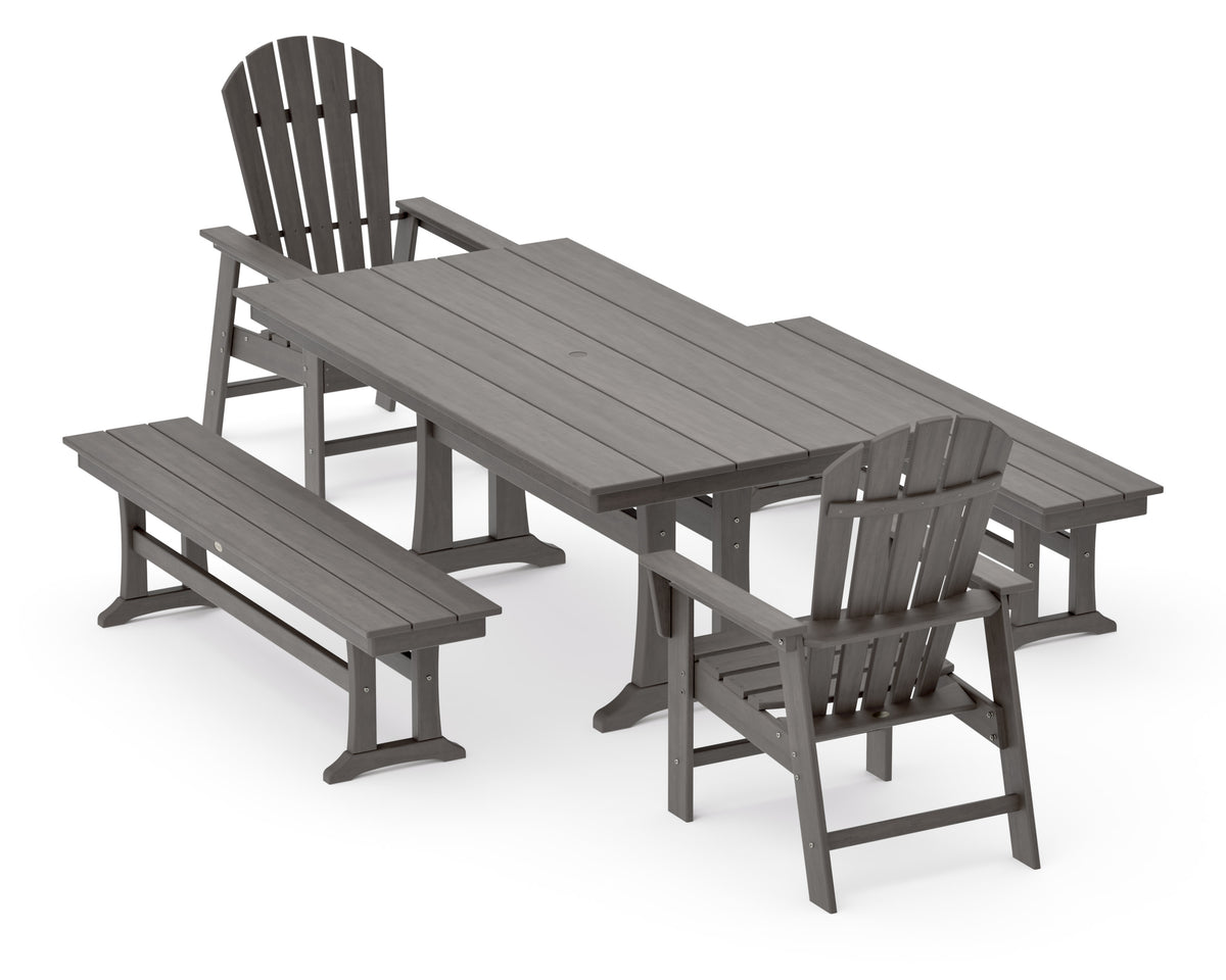 POLYWOOD South Beach 5-Piece Farmhouse Dining Set with Trestle Legs - 37" x 72" Table in Driftwood