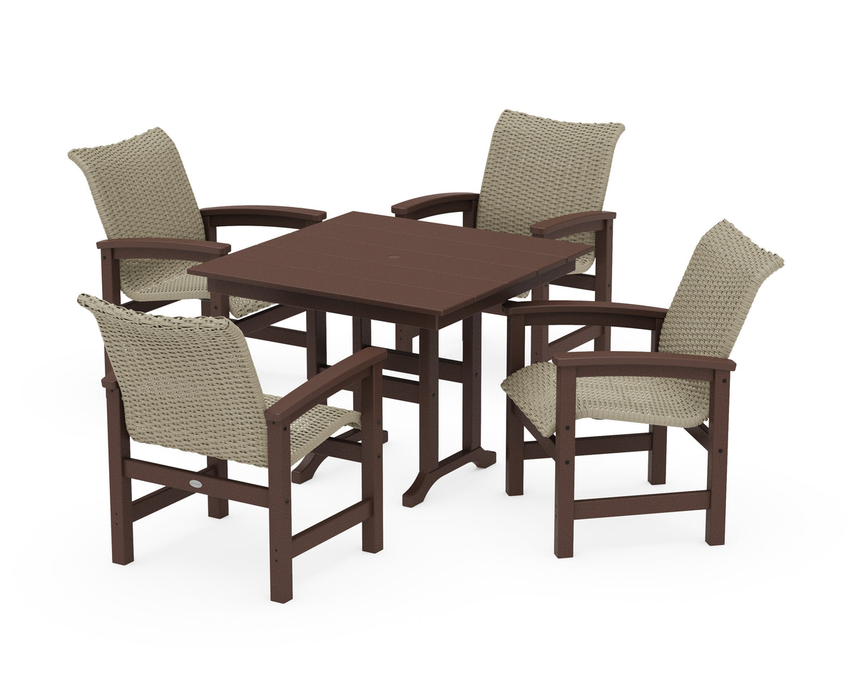 POLYWOOD Coastal Woven 5-Piece Farmhouse Dining Set in Mahogany / Dune Grass