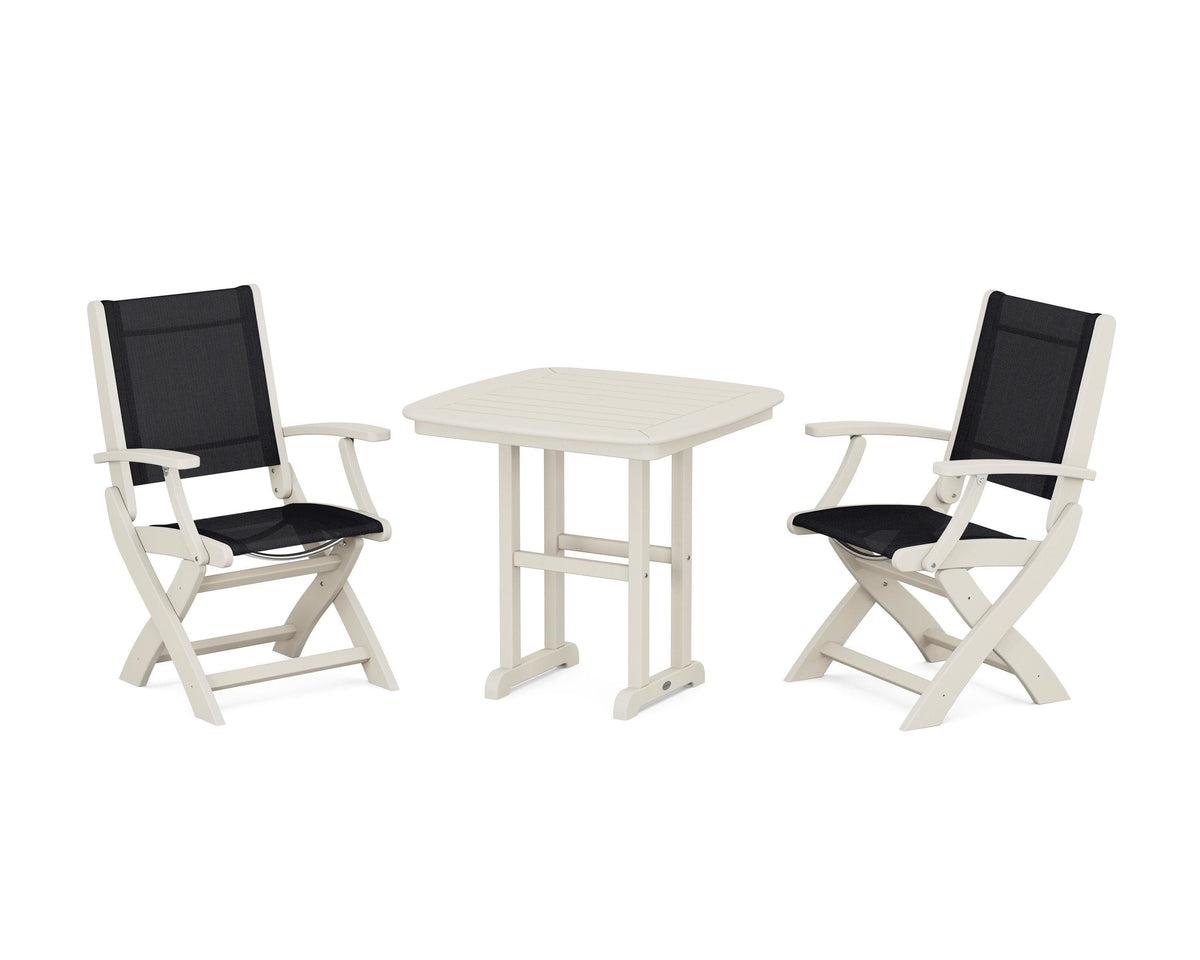 POLYWOOD Coastal Folding Chair 3-Piece Dining Set in Sand / Black