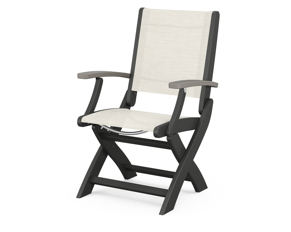 POLYWOOD Coastal Folding Chair in Black with Driftwood arms and Parchment sling