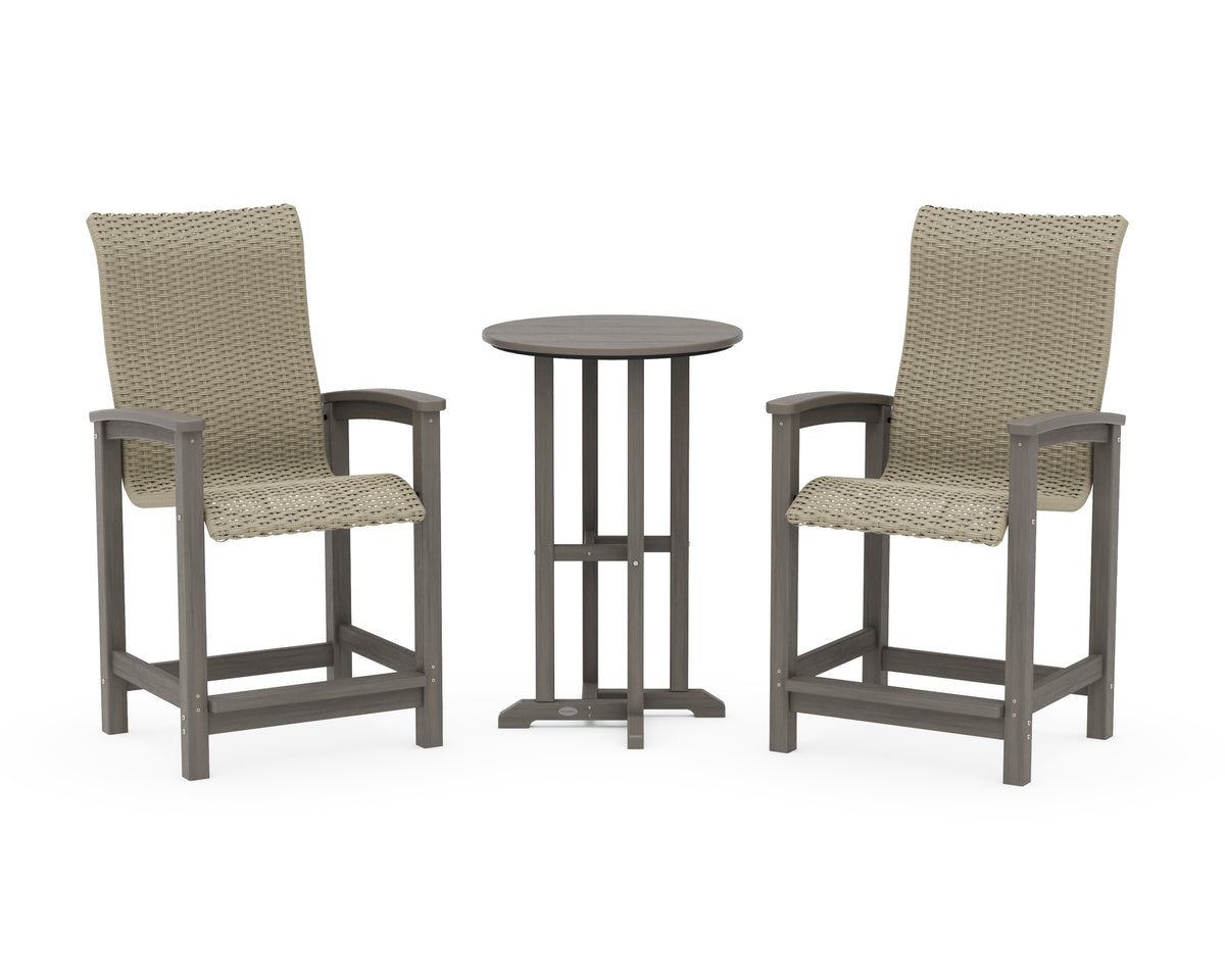 POLYWOOD Coastal Woven High-Back 3-Piece Farmhouse Counter Set in Driftwood / Dune Grass