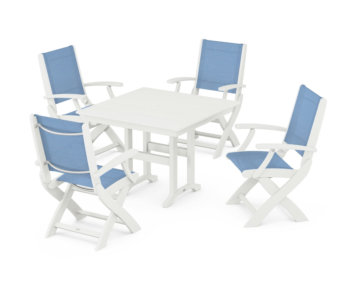 POLYWOOD Coastal Folding Chair 5-Piece Farmhouse Dining Set in Vintage White / Poolside