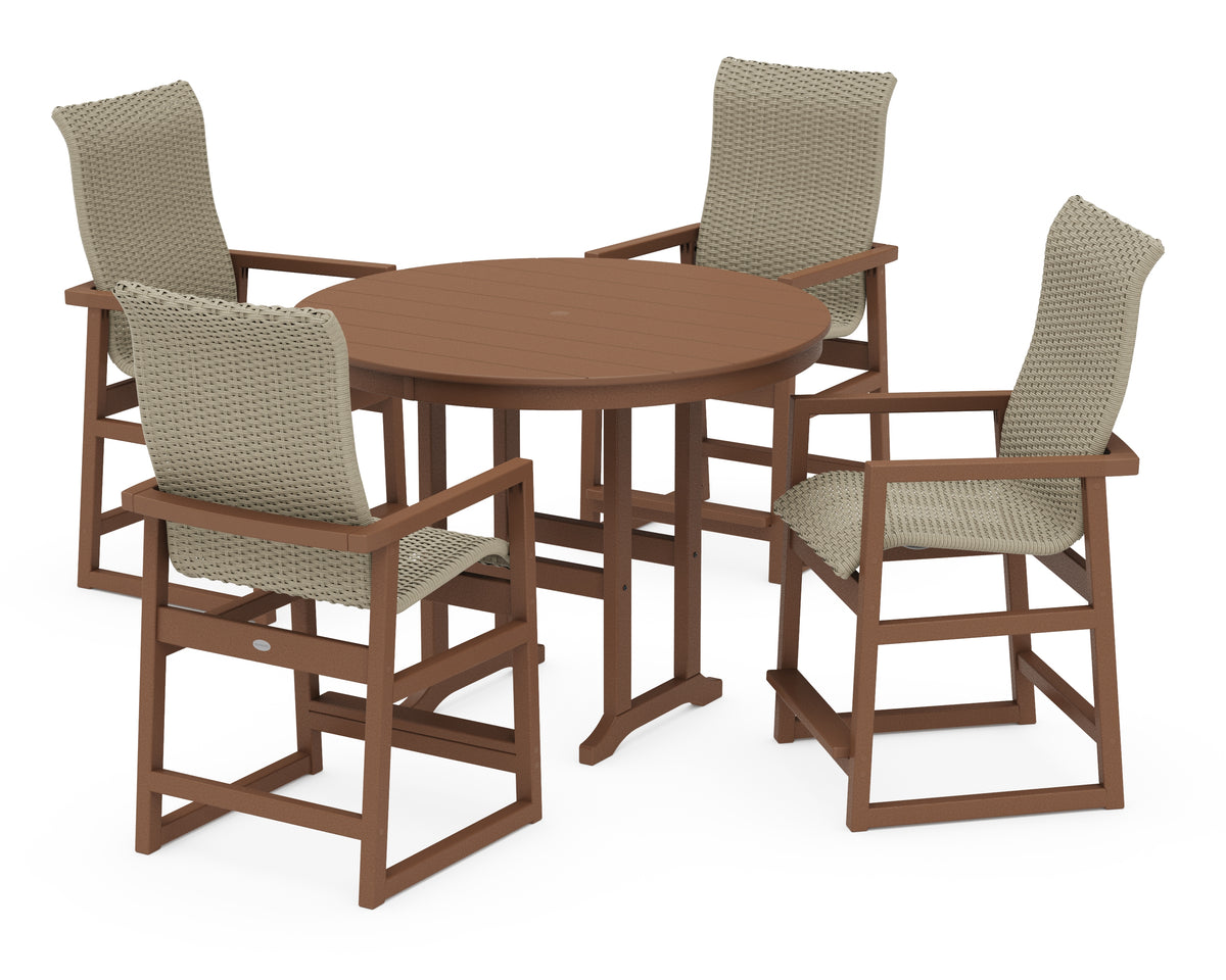 POLYWOOD EDGE Woven Highback 5-Piece Round Farmhouse Counter Set in Teak / Dune Grass