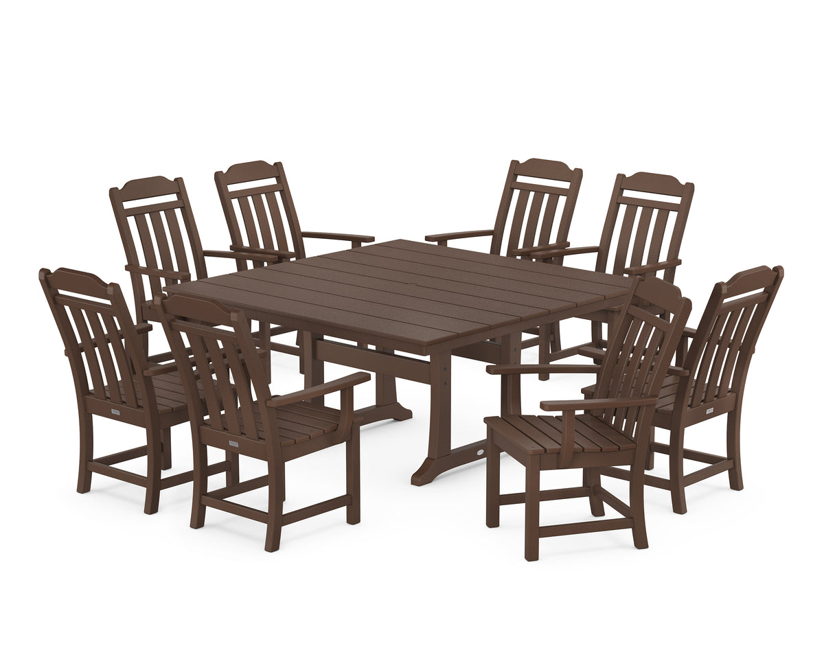 POLYWOOD Cottage 9-Piece Square Farmhouse Dining Set with Trestle Legs in Mahogany