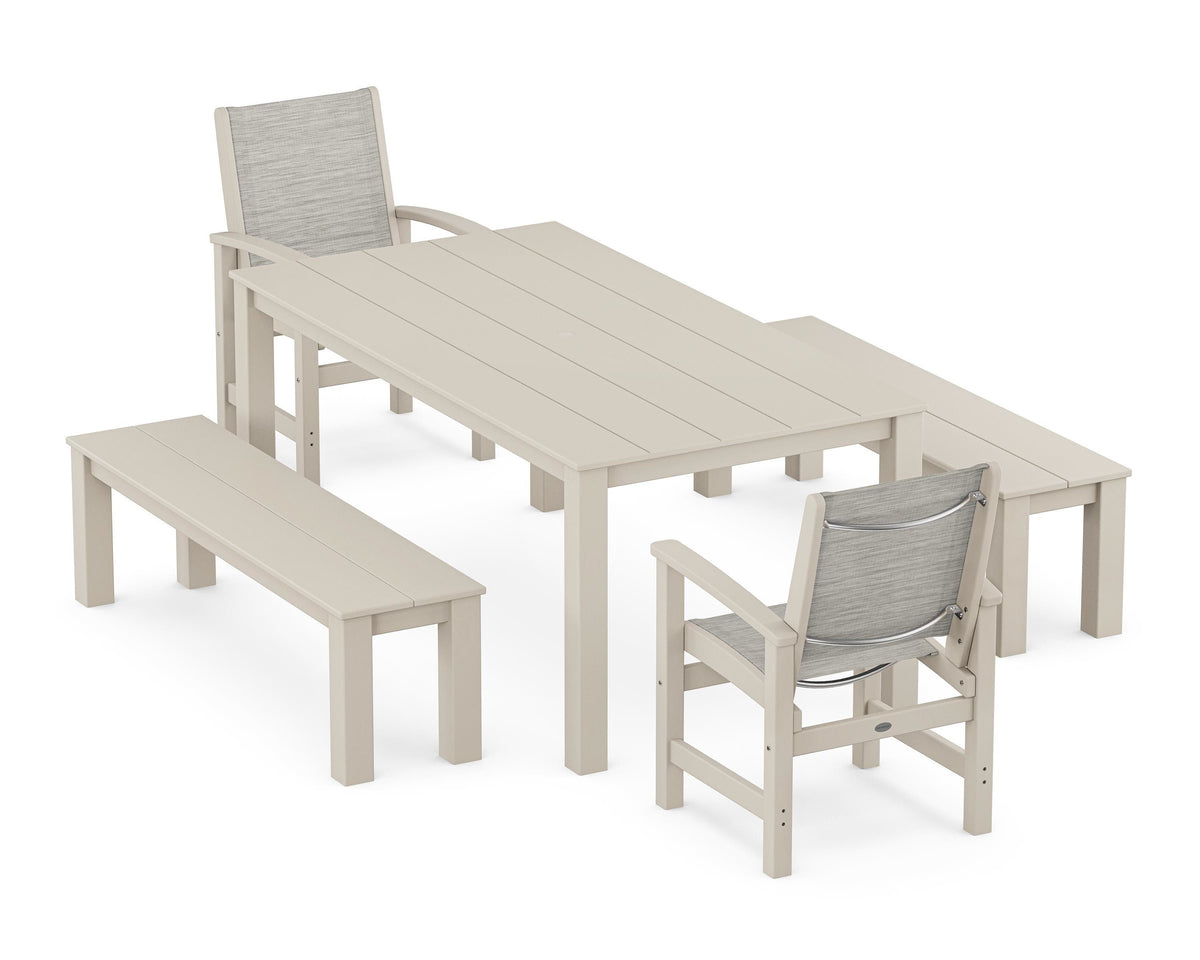 POLYWOOD Coastal 5-Piece Parsons Dining Set with Benches in Sand / Birch