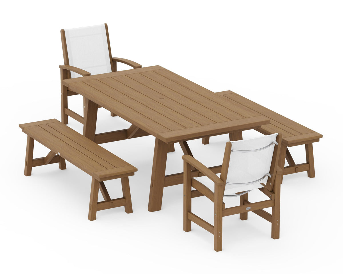 POLYWOOD Coastal 5-Piece Rustic Farmhouse Dining Set With Benches in Natural / White