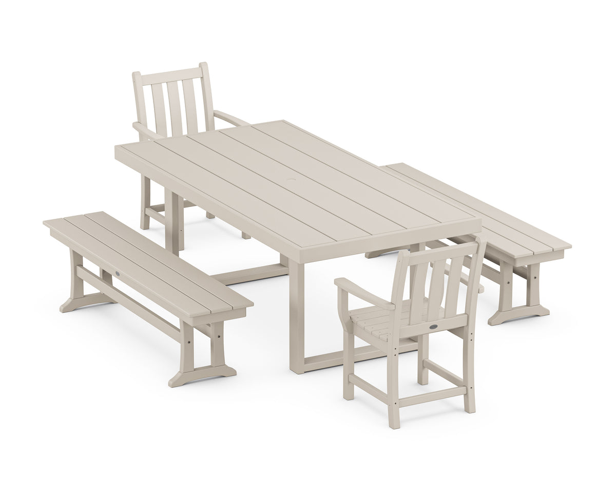 POLYWOOD Traditional Garden 5-Piece Dining Set with Benches - 39" x 78" Table in Sand