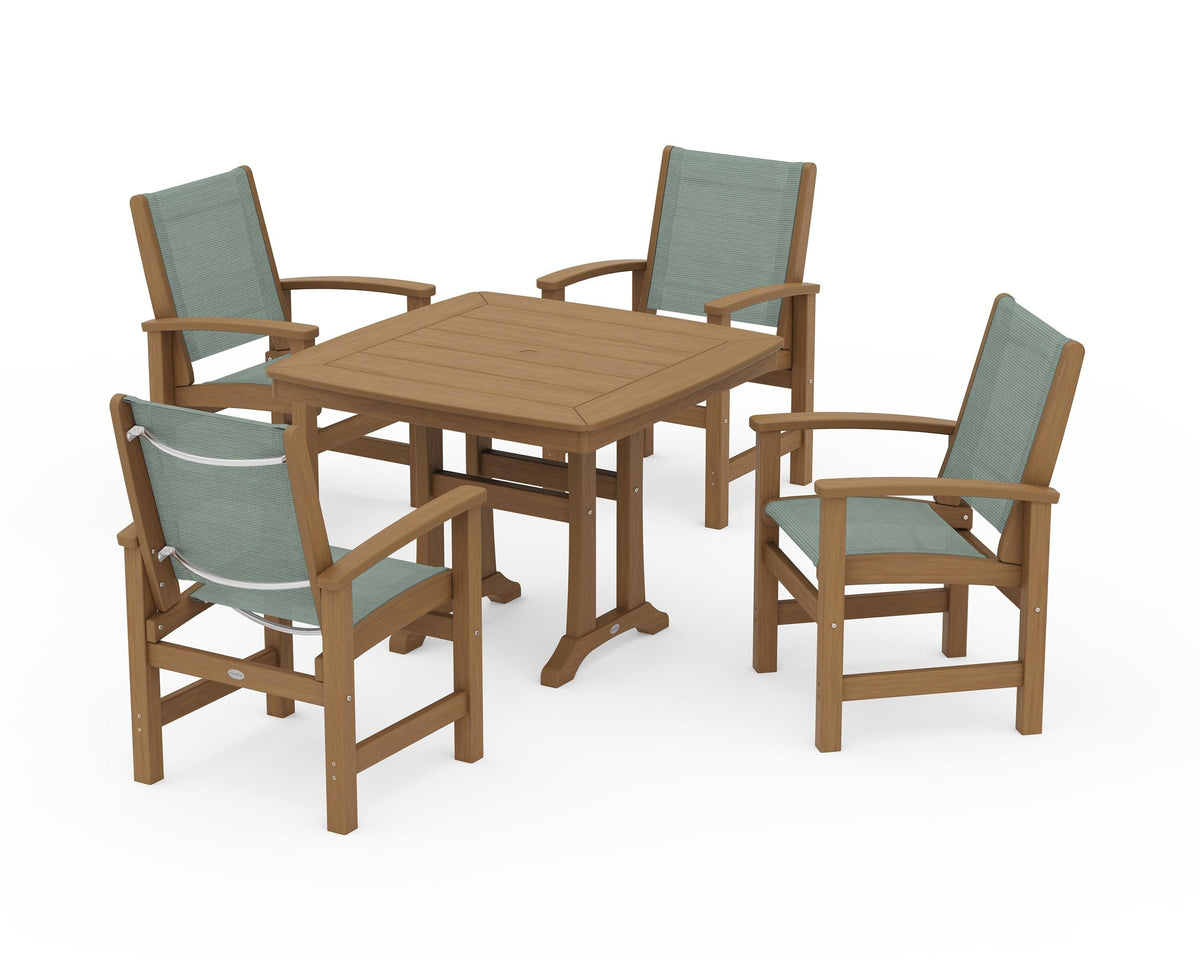 POLYWOOD Coastal 5-Piece Dining Set with Trestle Legs with Nautical Trestle 37" Dining Table in Natural / Dupioni Sea Mist