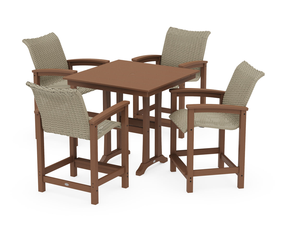 POLYWOOD Coastal Woven 5-Piece Farmhouse Counter Set with Trestle Legs in Teak / Dune Grass