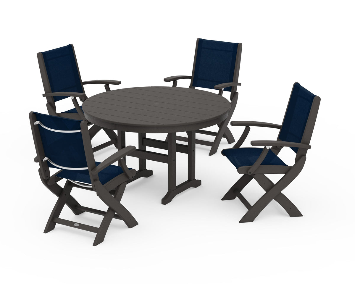 POLYWOOD Coastal Folding Chair 5-Piece Round Dining Set in Vintage Coffee / Navy Blue