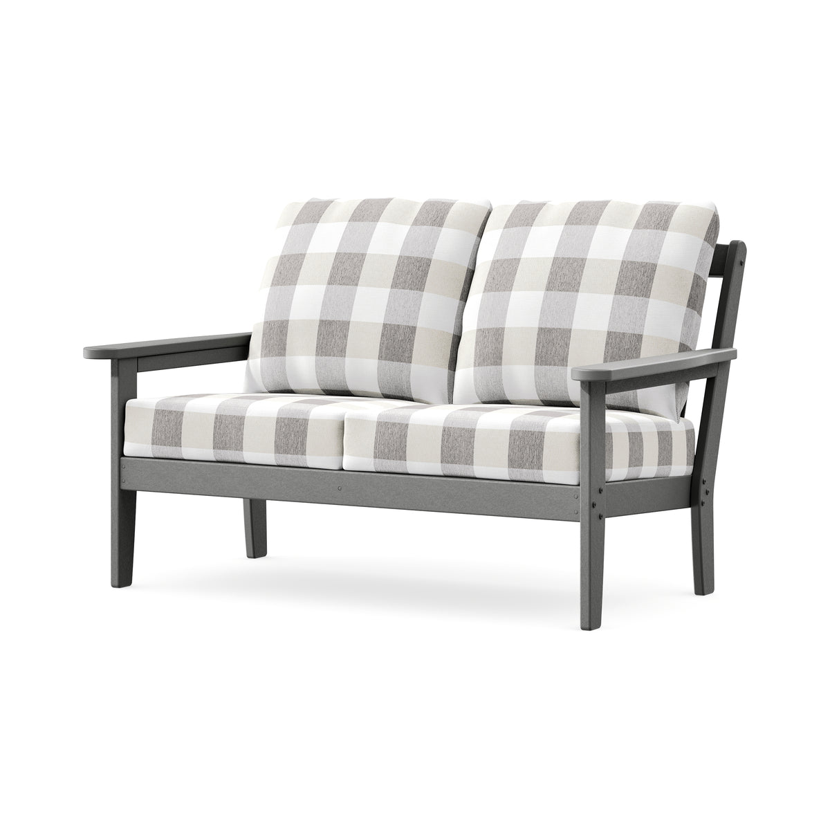 POLYWOOD Cottage Deep Seating Loveseat in Slate Grey / Buffalo Plaid Grey Mist