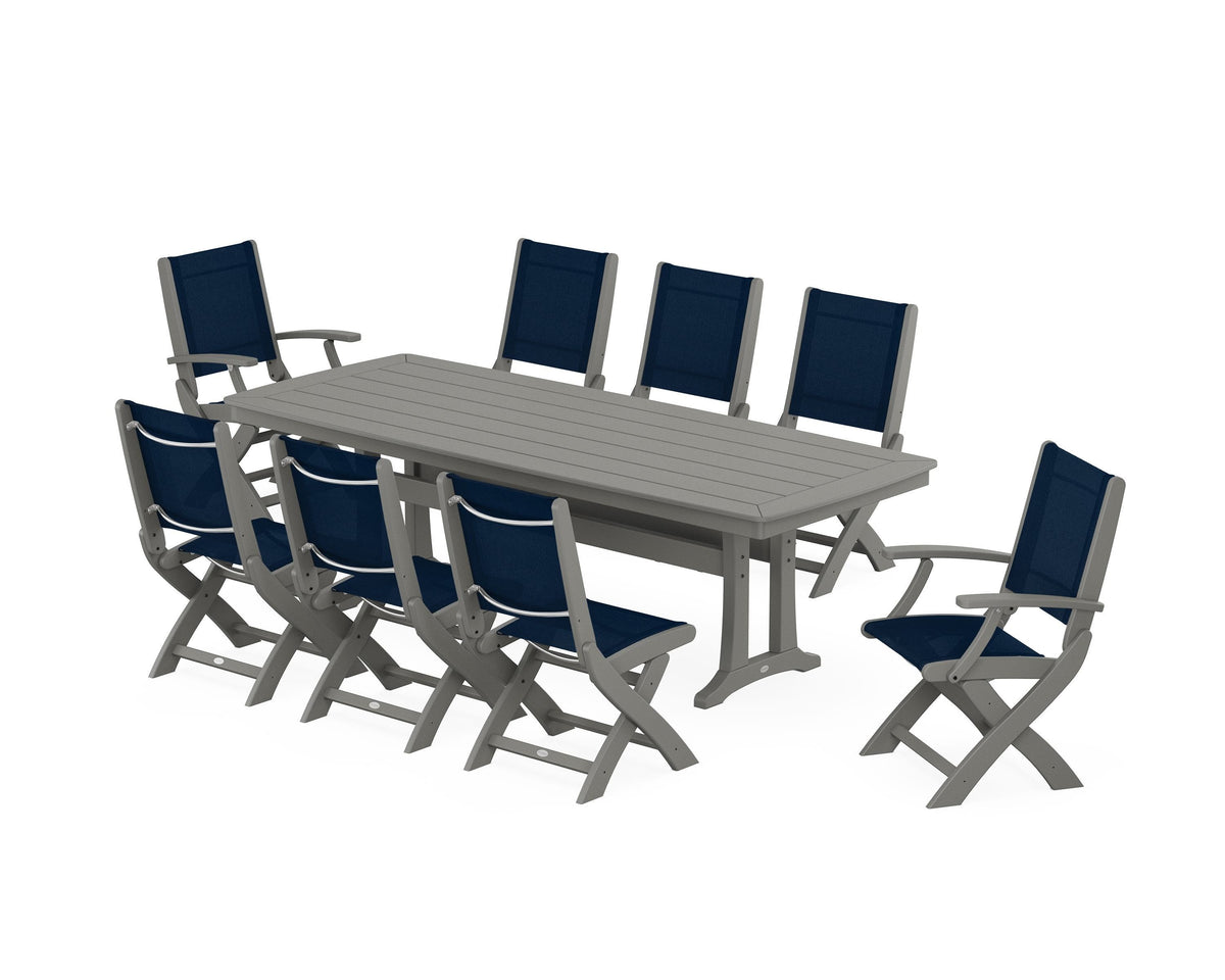 POLYWOOD Coastal Folding 9-Piece Dining Set with Trestle Legs in Slate Grey / Navy Blue