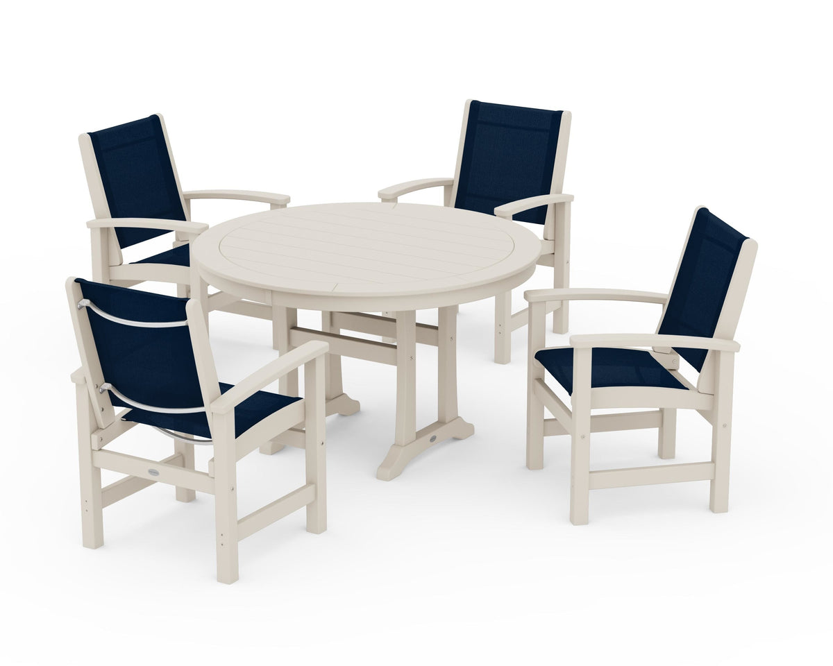 POLYWOOD Coastal 5-Piece Round Dining Set with Trestle Legs in Sand / Navy Blue