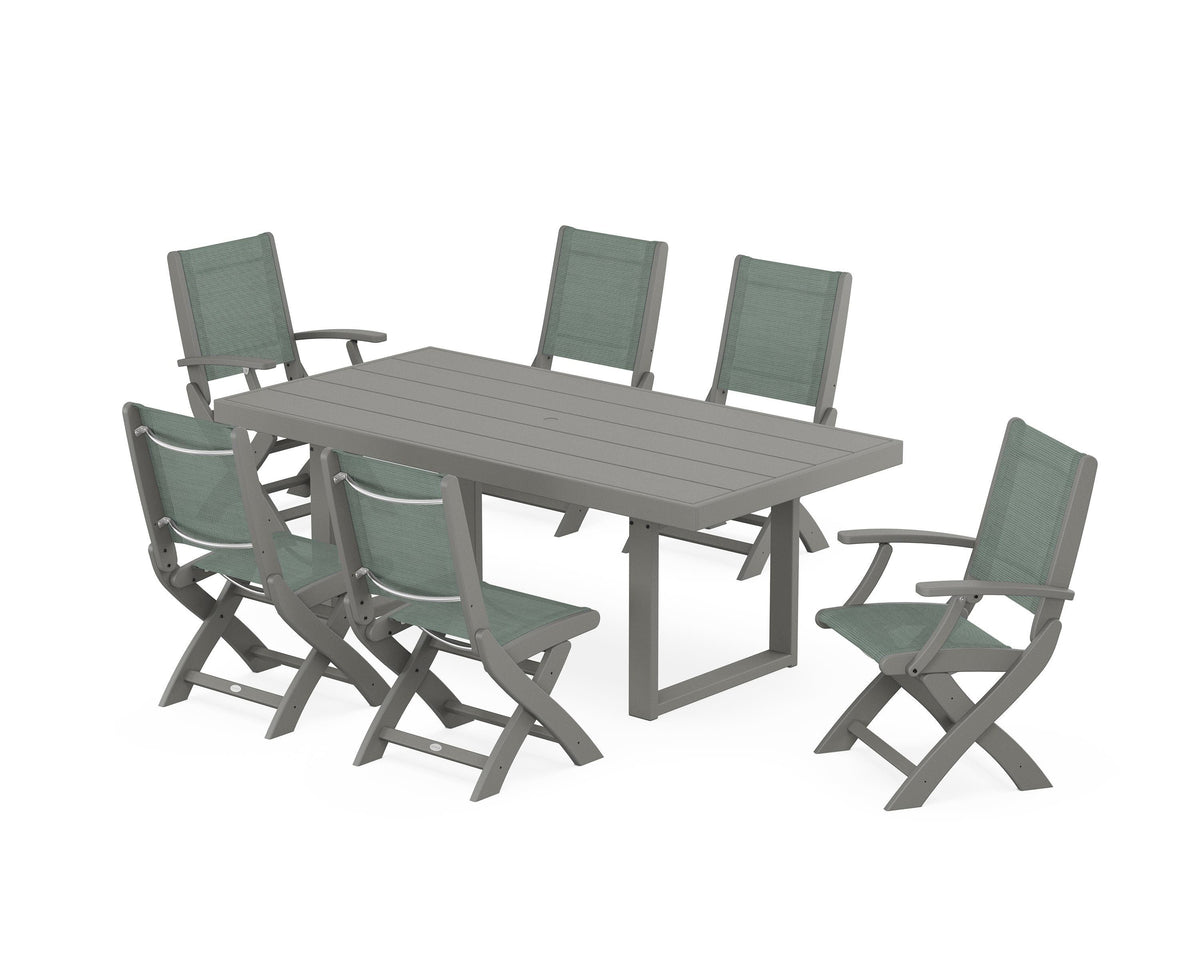 POLYWOOD Coastal Folding Chair 7-Piece Dining Set with Trestle Legs with EDGE 40" x 78" Dining Table in Slate Grey / Dupioni Sea Mist