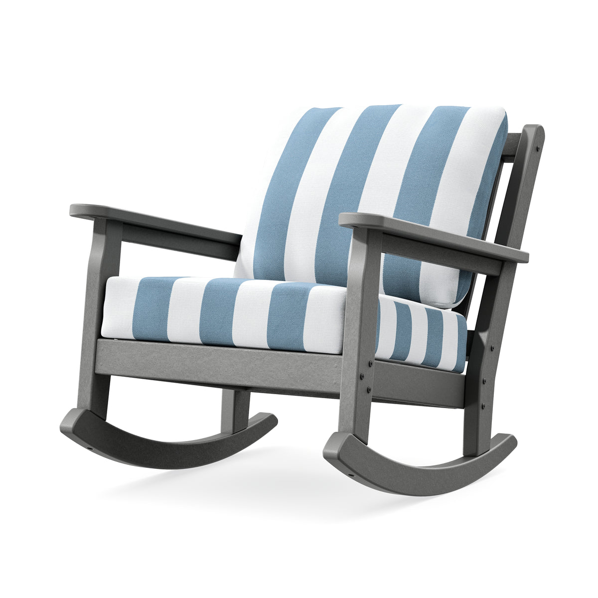 POLYWOOD Chippendale Deep Seating Rocking Chair in Slate Grey / Cabana Stripe Sky Blue
