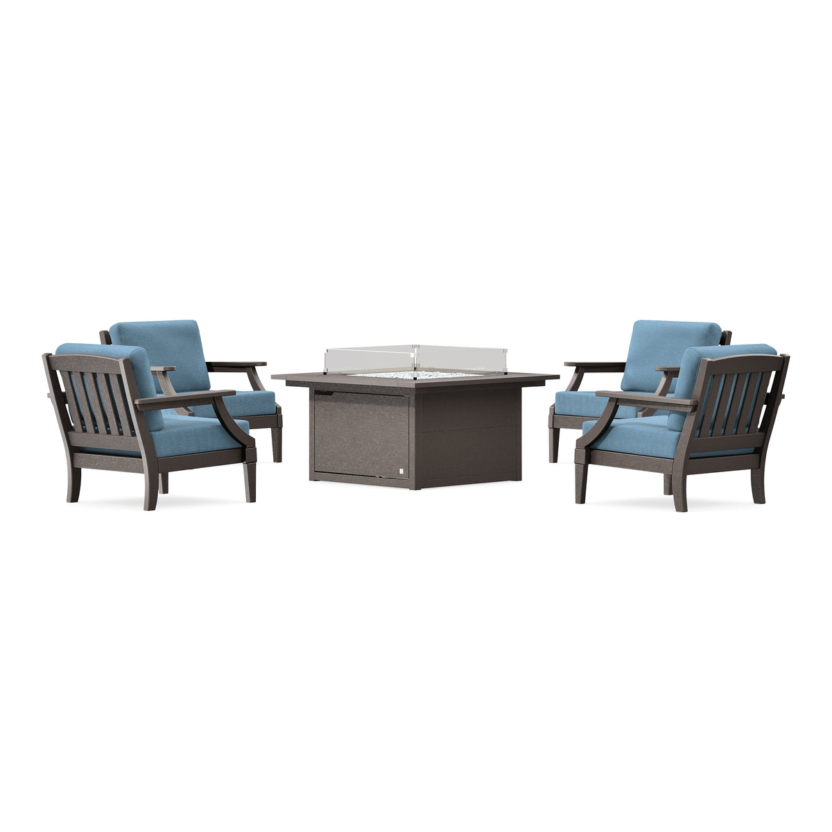 POLYWOOD PW Designer Series Estate 5-Piece Lounge Fire Table Set in Vintage Coffee / Sky Blue