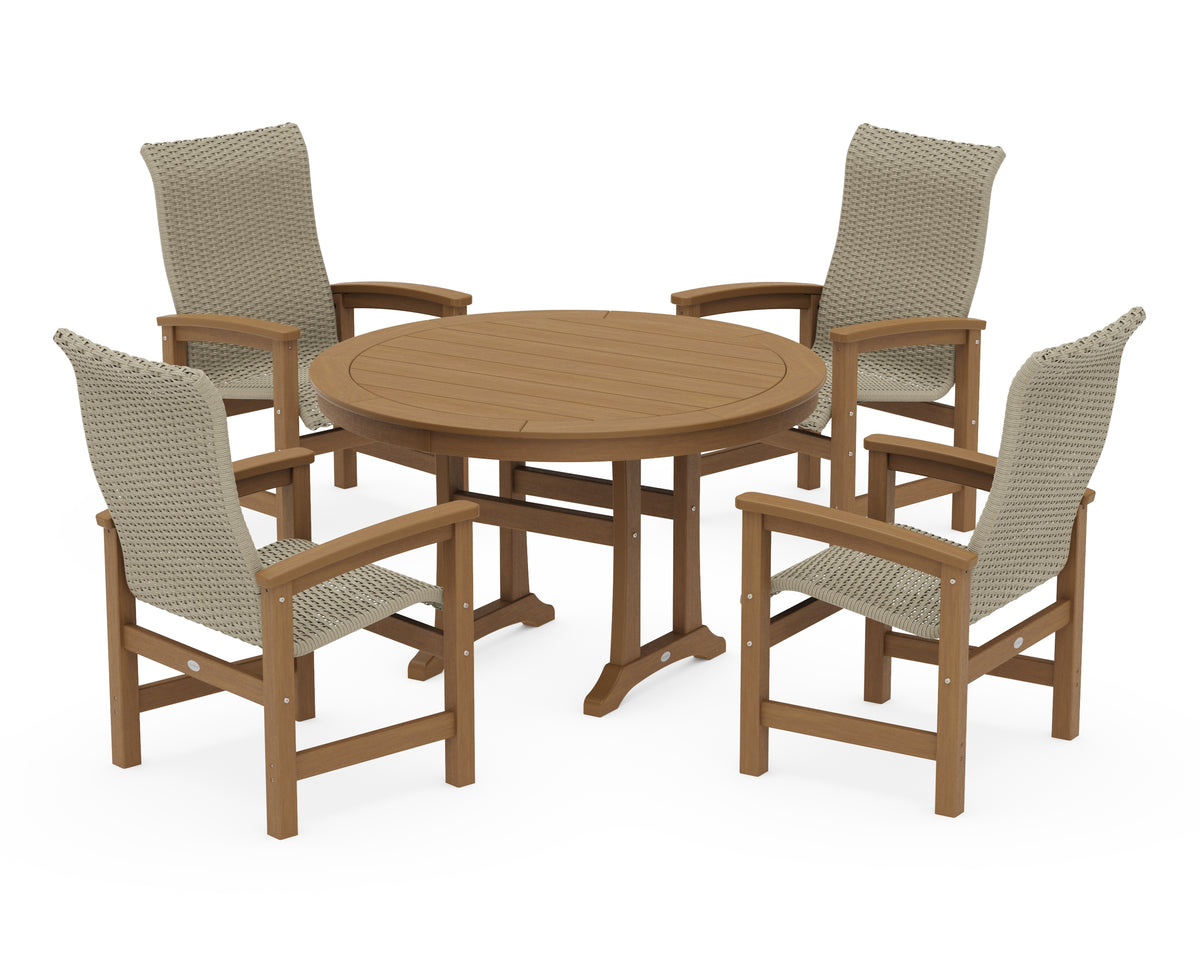 POLYWOOD Coastal Woven High-Back 5-Piece Round Dining Set with Trestle Legs in Natural / Dune Grass
