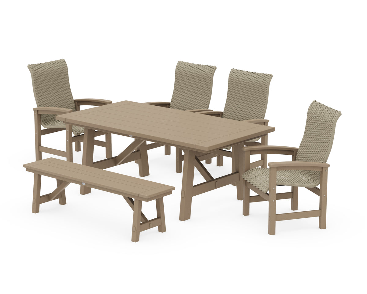 POLYWOOD Coastal Woven High-Back 6-Piece Rustic Farmhouse Dining Set with Bench in Vintage Sahara / Dune Grass