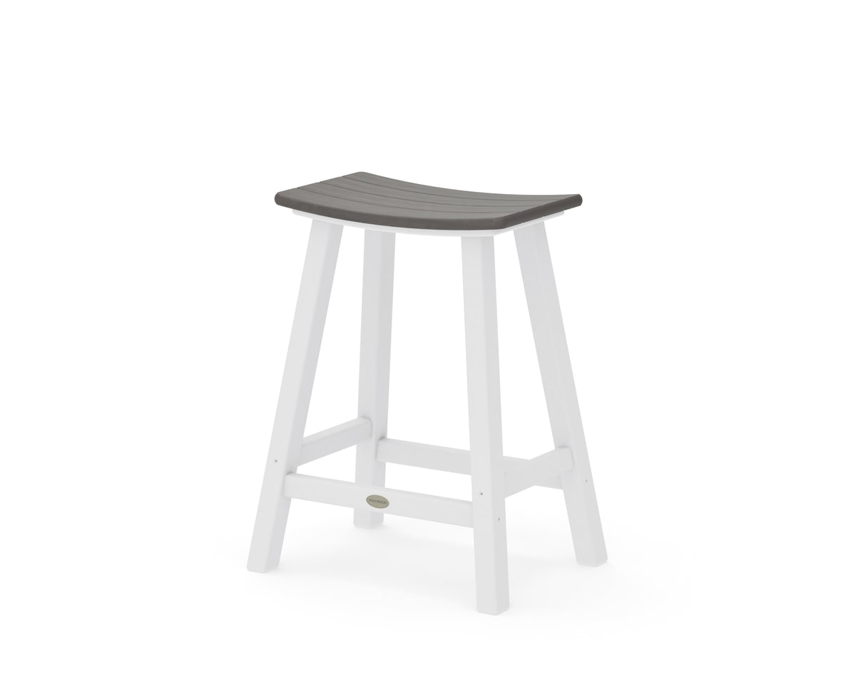 POLYWOOD Contempo 24" Saddle Counter Stool in White / Driftwood