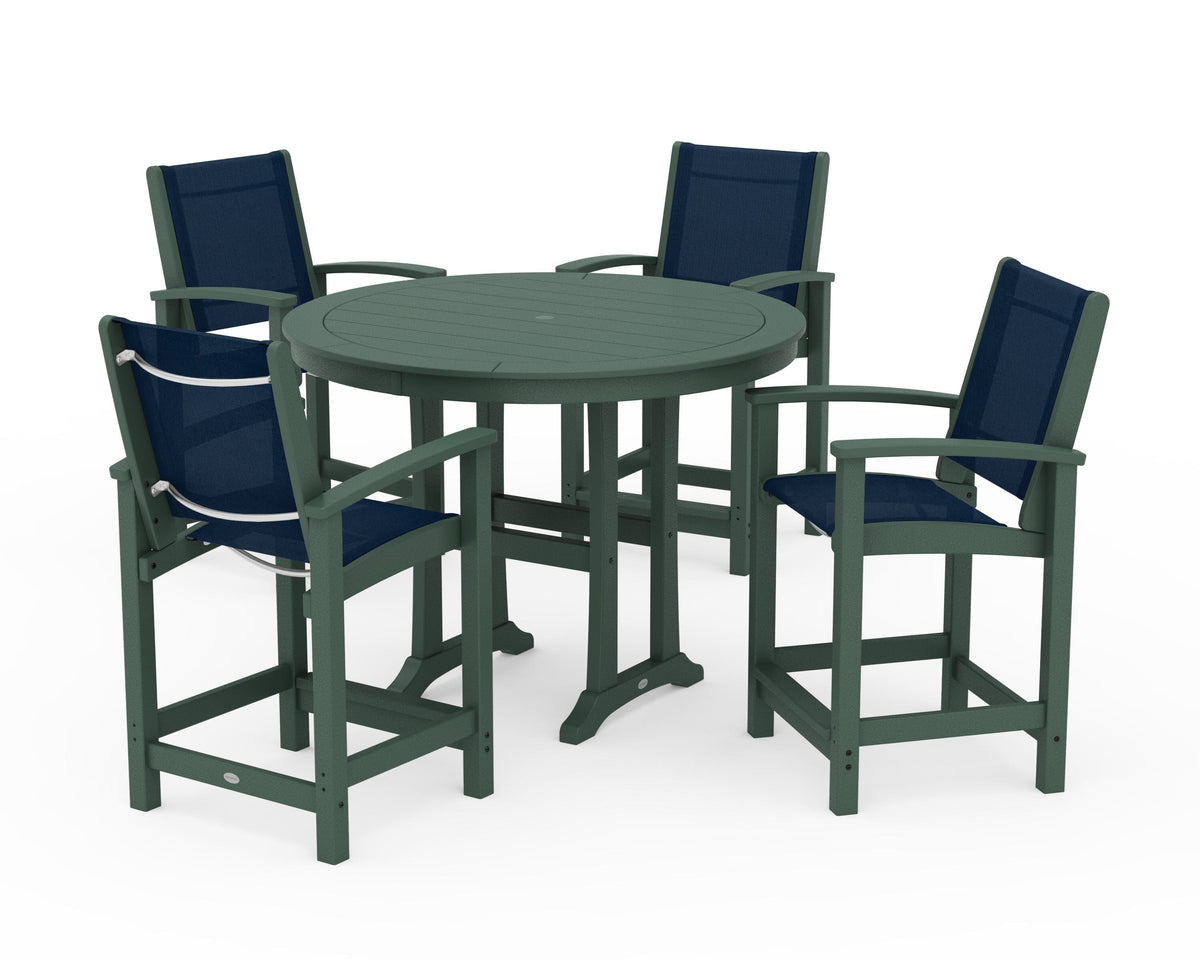 POLYWOOD Coastal 5-Piece Counter Set in Green / Navy Blue