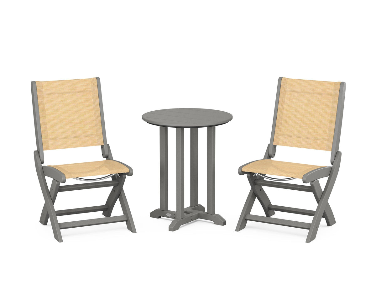 POLYWOOD Coastal Folding Side Chair 3-Piece Round Bistro Dining Set in Slate Grey / Dupioni Apricot