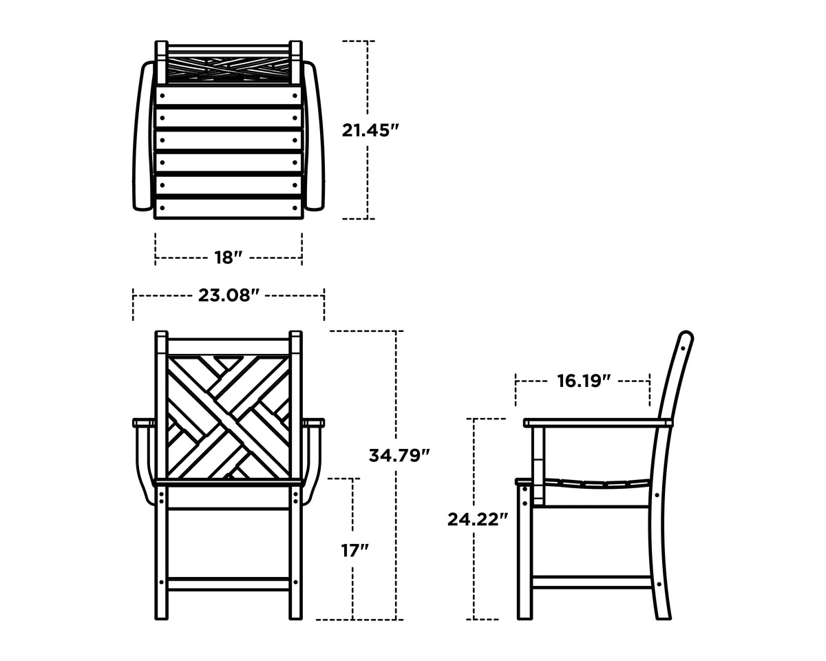 POLYWOOD Chippendale Dining Arm Chair dimension drawing with width, depth and height measurements