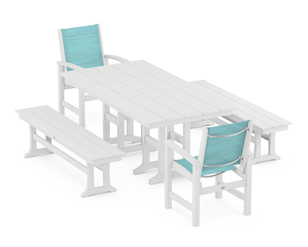 POLYWOOD Coastal 5-Piece Farmhouse Dining Set with Farmhouse 37" x 72" Dining Table in White / Dupioni Aquamarine
