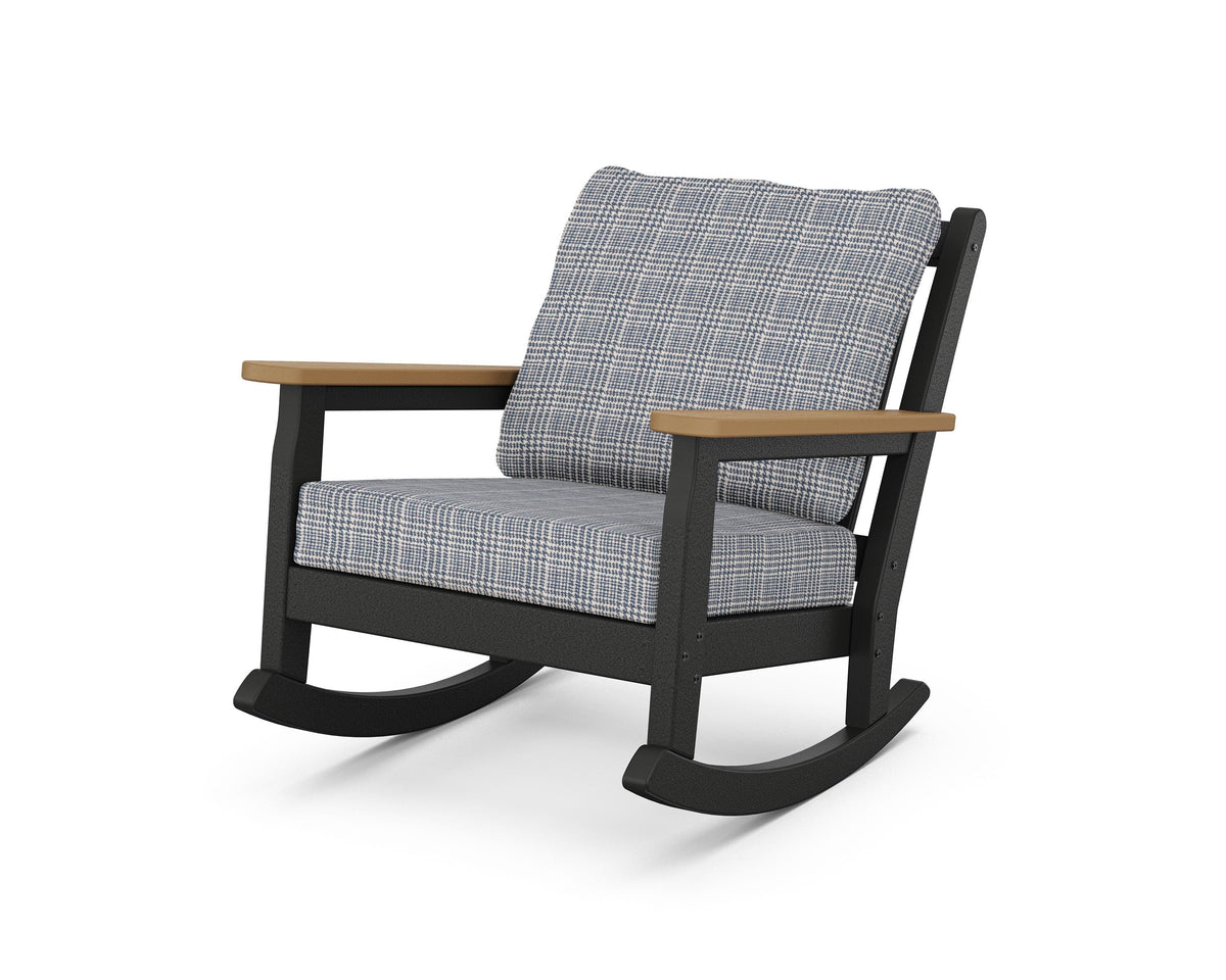 POLYWOOD Chippendale Deep Seating Rocking Chair in Black / Natural / Houndstooth Sky Blue
