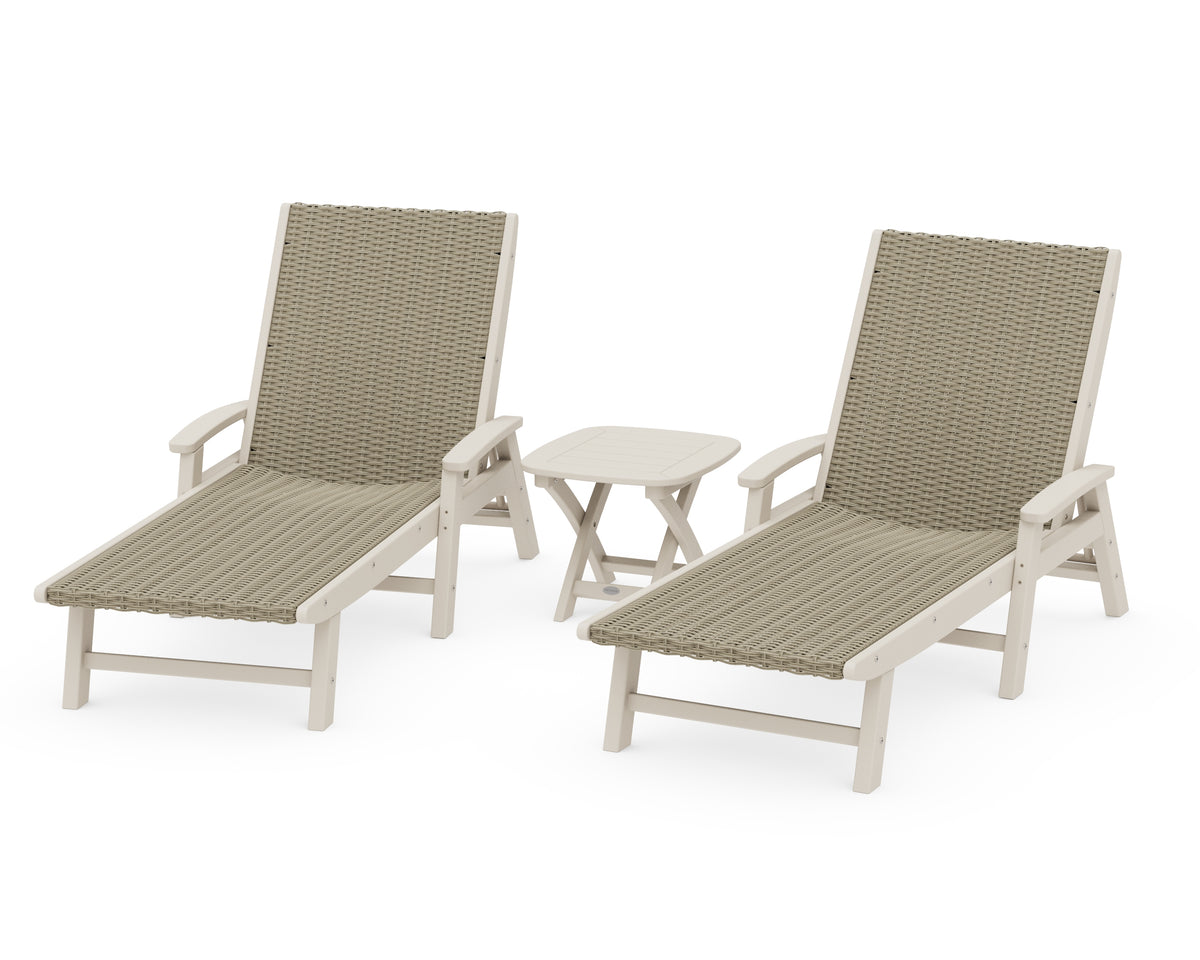 POLYWOOD 3-Piece Coastal Woven Chaise with Arms Lounge Set in Sand / Dune Grass
