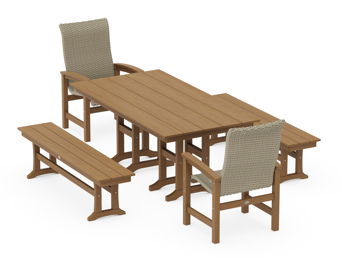 POLYWOOD Coastal Woven High-Back 5-Piece Farmhouse Dining Set with Benches in Natural / Dune Grass