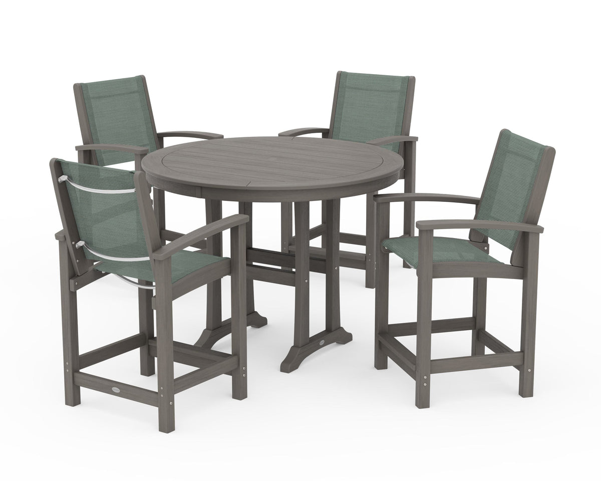 POLYWOOD Coastal 5-Piece Counter Set in Driftwood / Dupioni Sea Mist
