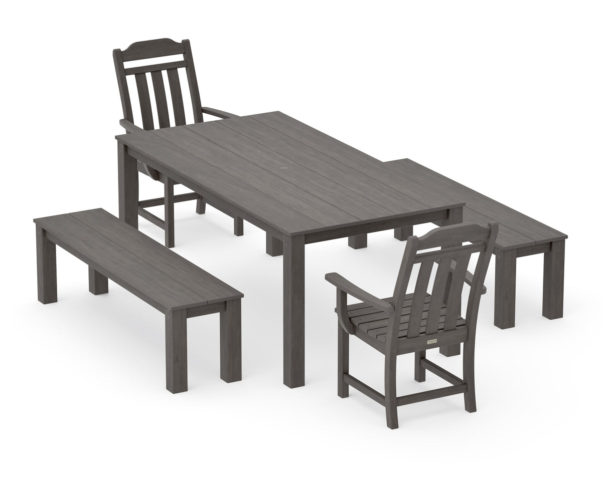 POLYWOOD Cottage 5-Piece Parsons Dining Set with Benches in Driftwood
