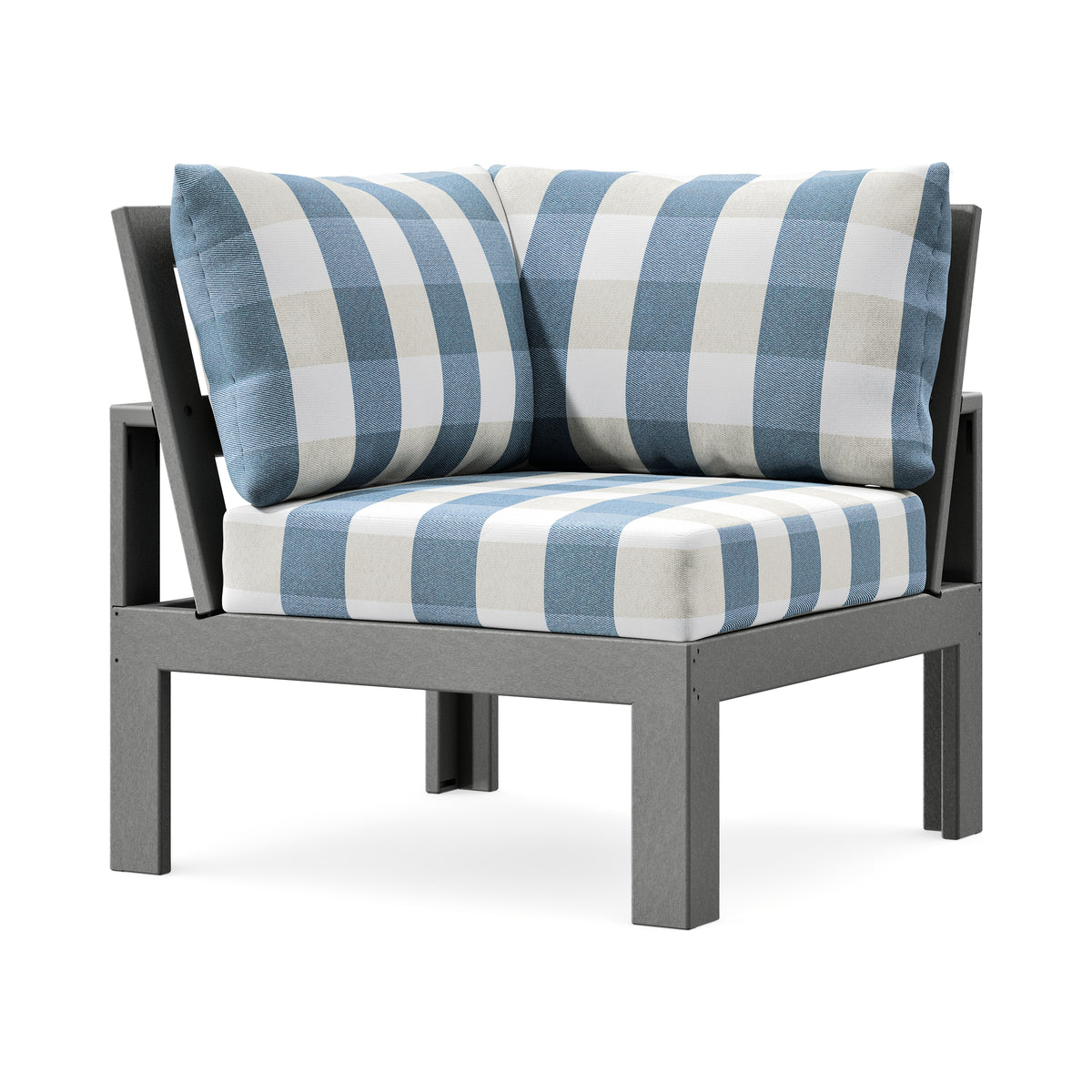 POLYWOOD Modular Corner Chair in Slate Grey / Buffalo Plaid Sky Blue