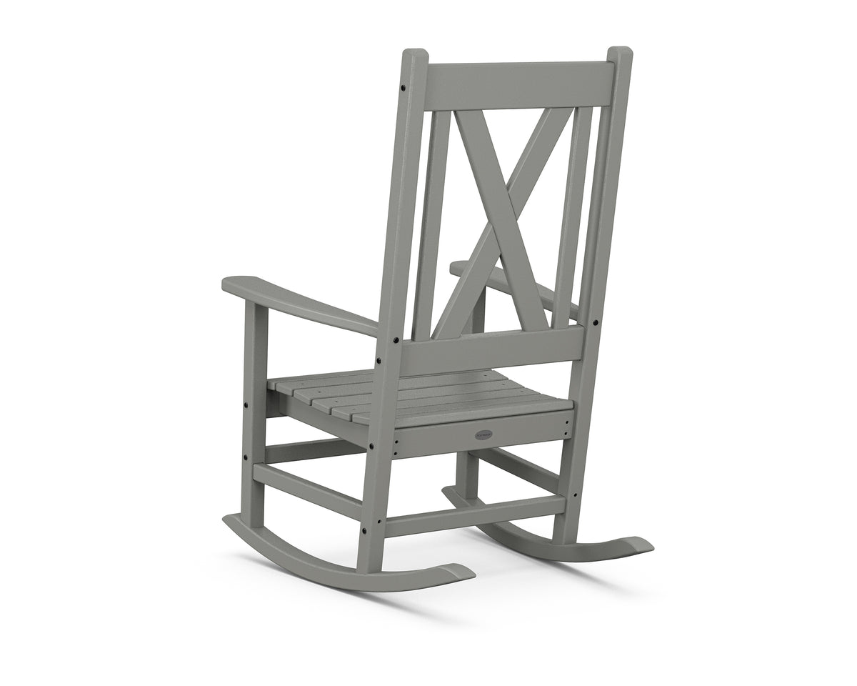 Angled view of the POLYWOOD Braxton Porch Rocking Chair in Slate Grey