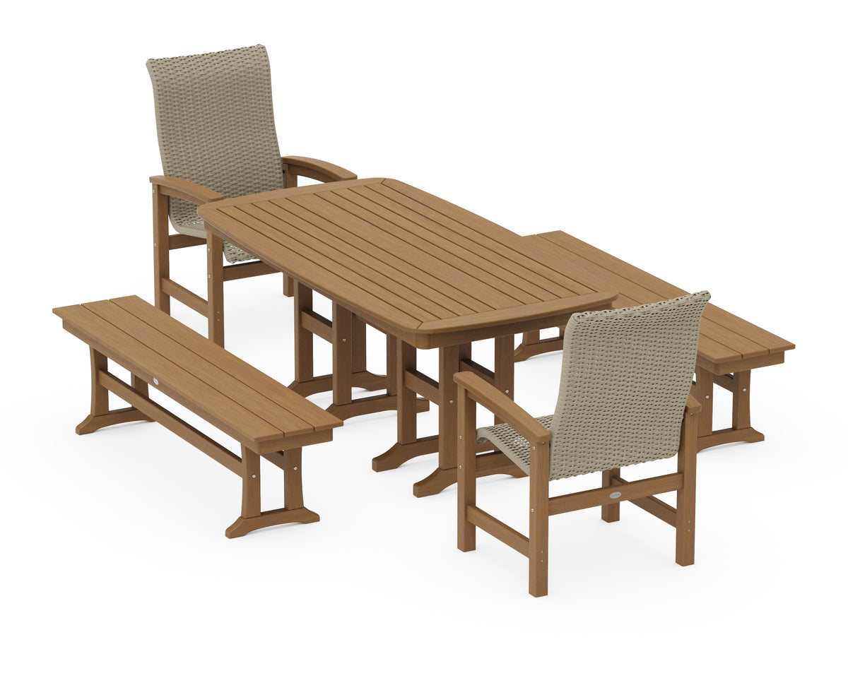 POLYWOOD Coastal Woven High-Back 5-Piece Dining Set with Benches in Natural / Dune Grass