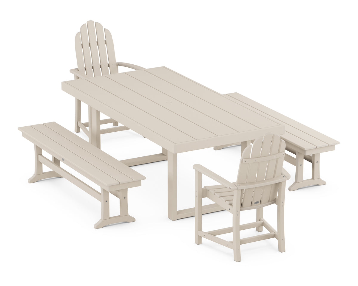 POLYWOOD Classic Adirondack 5-Piece Dining Set with Benches - 39" x 78" Table in Sand