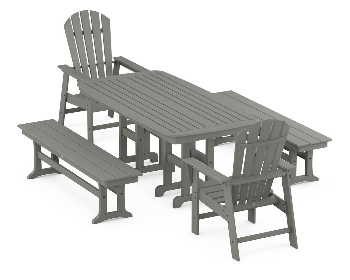 POLYWOOD South Beach 5-Piece Dining Set with Benches - 37" x 72" Table in Slate Grey