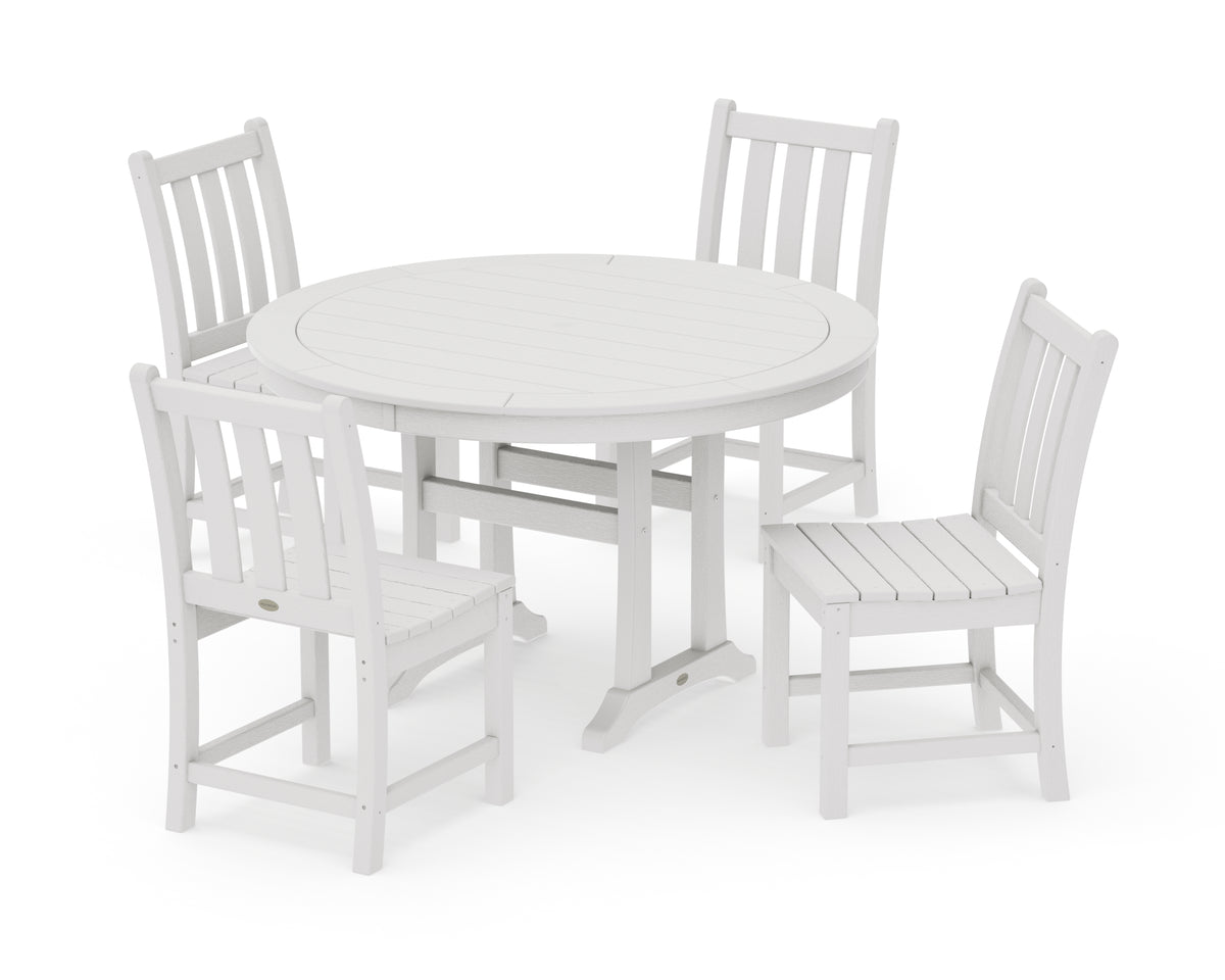 POLYWOOD Traditional Garden Side Chair 5-Piece Round Dining Set with Trestle Legs in Vintage White
