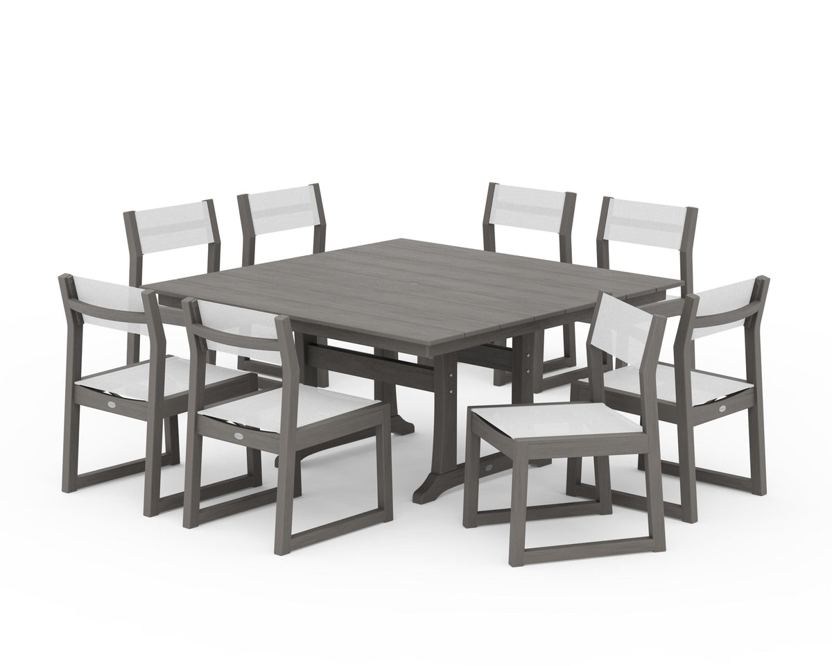 POLYWOOD EDGE Sling Side Chair 9-Piece Farmhouse Trestle Dining Set in Driftwood / White