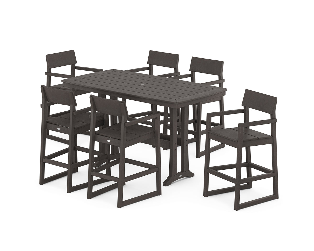 POLYWOOD EDGE Arm Chair 7-Piece Bar Set with Trestle Legs in Vintage Coffee
